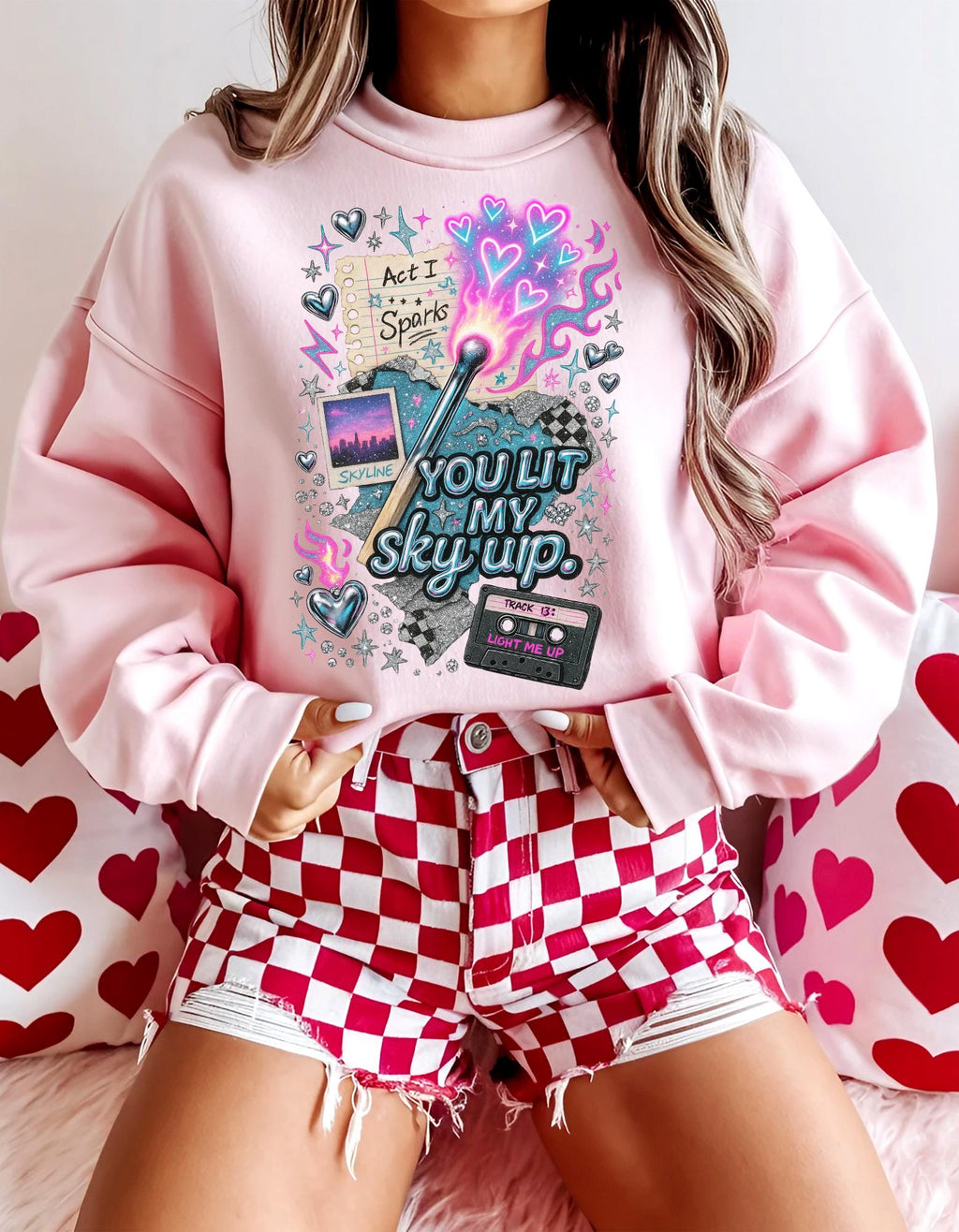You Lit My Sky Up Sweatshirt - Y2K Love Graphic Crewneck, Retro Cassette Matchstick Shirt, Cozy Nostalgia Gift
