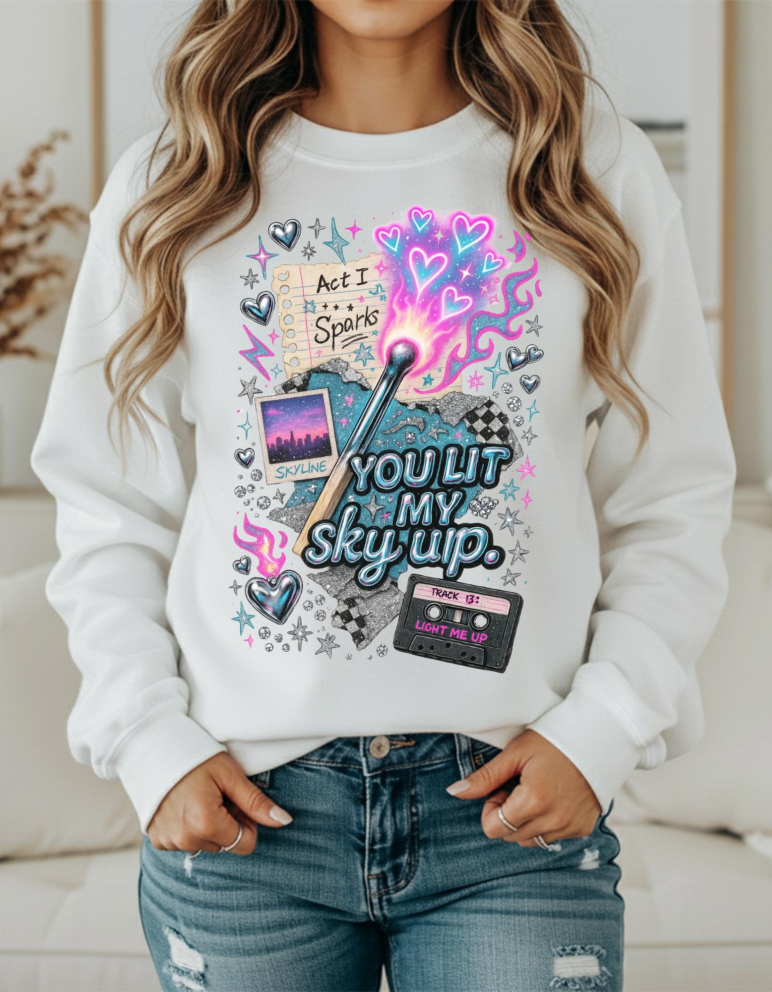 You Lit My Sky Up Sweatshirt - Y2K Love Graphic Crewneck, Retro Cassette Matchstick Shirt, Cozy Nostalgia Gift
