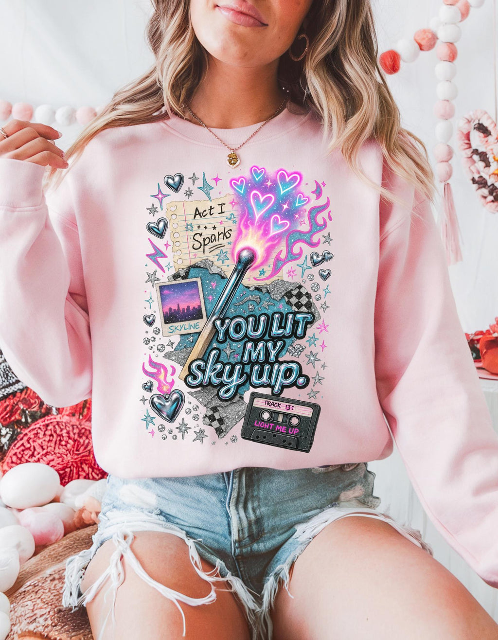 You Lit My Sky Up Sweatshirt - Y2K Love Graphic Crewneck, Retro Cassette Matchstick Shirt, Cozy Nostalgia Gift