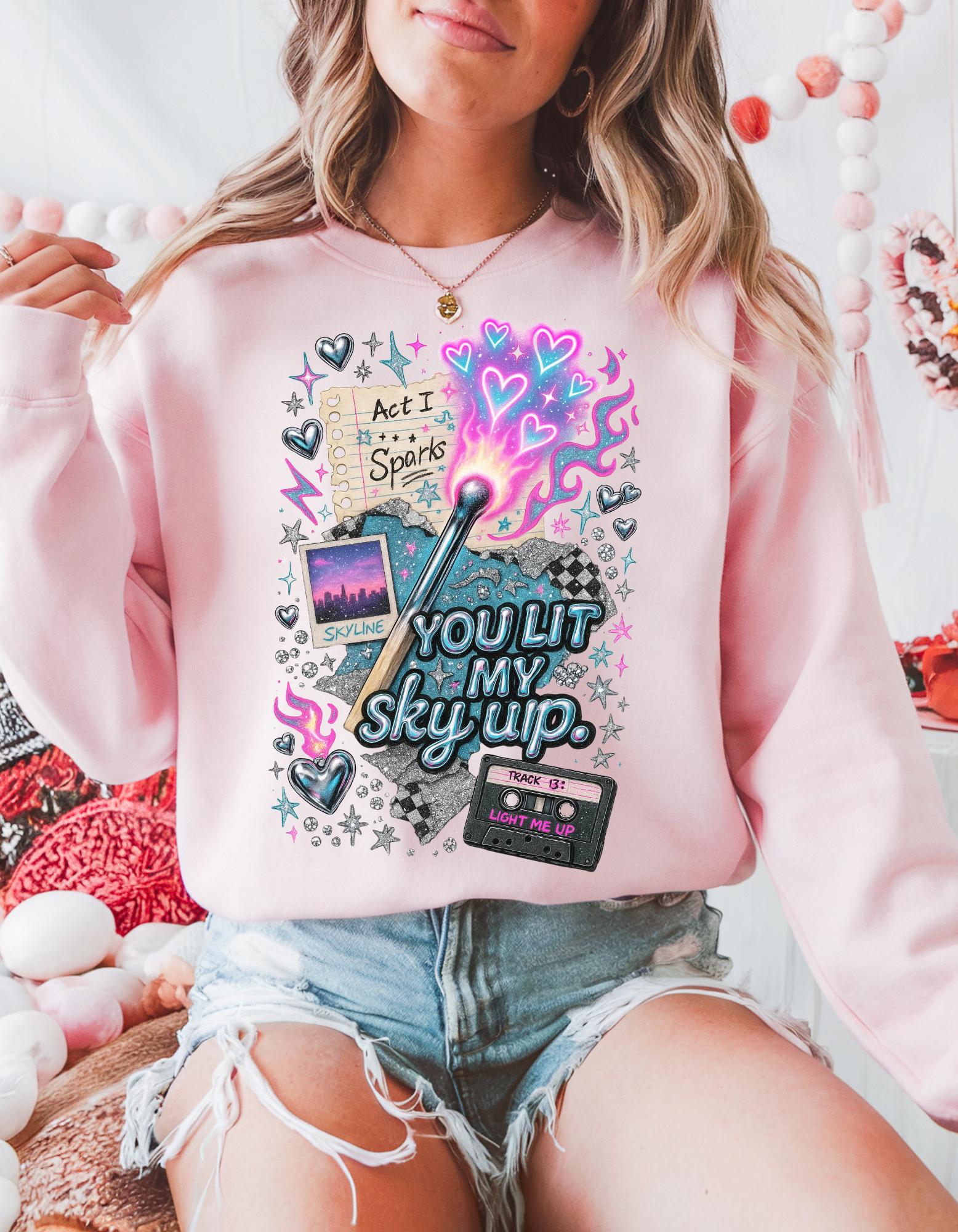 You Lit My Sky Up Sweatshirt - Y2K Love Graphic Crewneck, Retro Cassette Matchstick Shirt, Cozy Nostalgia Gift