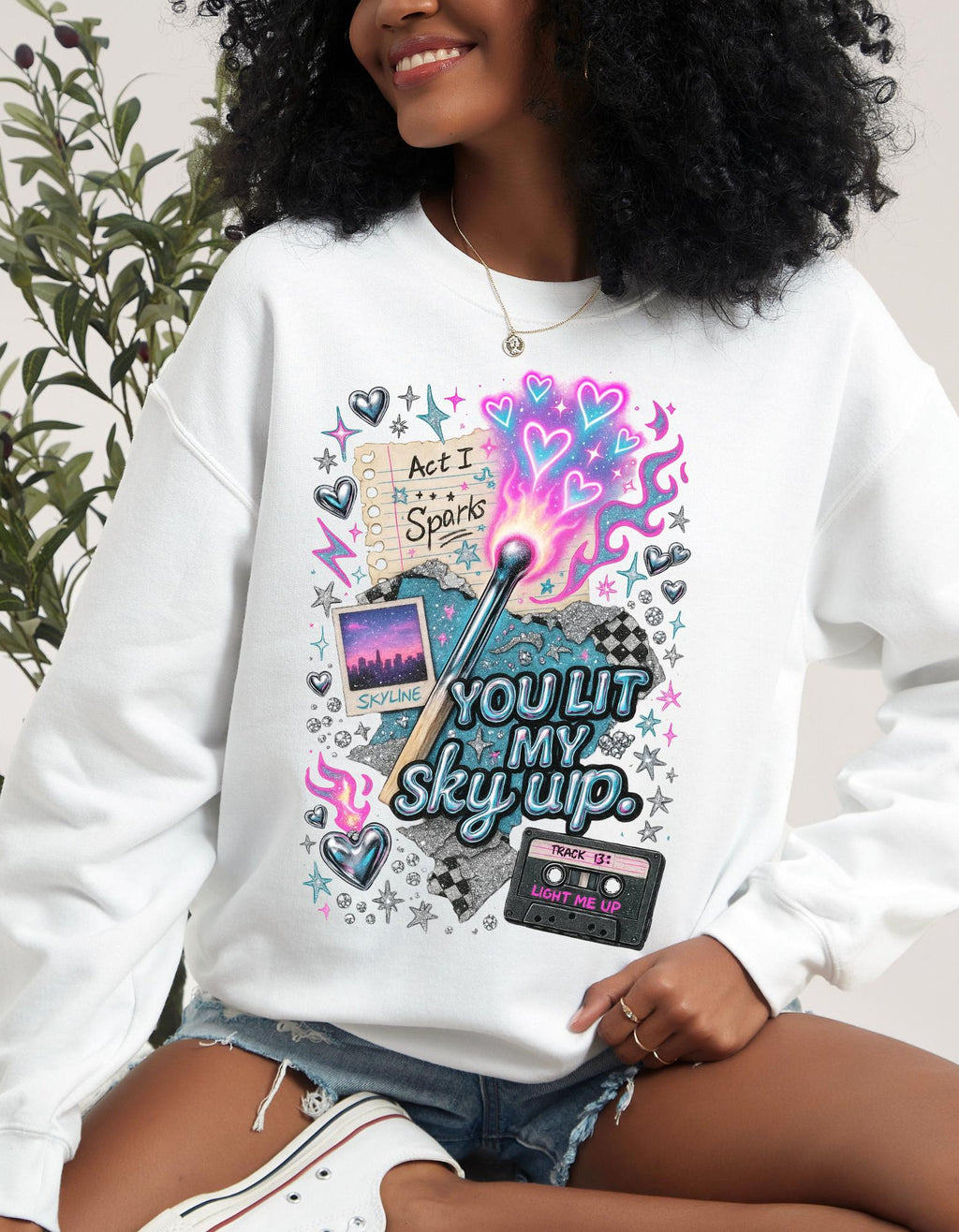 You Lit My Sky Up Sweatshirt - Y2K Love Graphic Crewneck, Retro Cassette Matchstick Shirt, Cozy Nostalgia Gift
