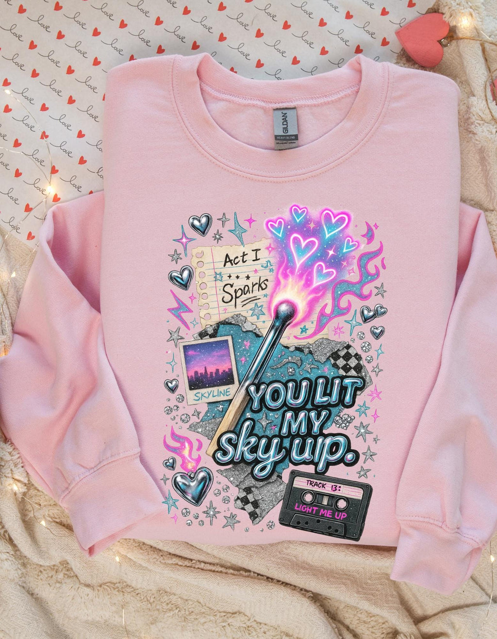 You Lit My Sky Up Sweatshirt - Y2K Love Graphic Crewneck, Retro Cassette Matchstick Shirt, Cozy Nostalgia Gift