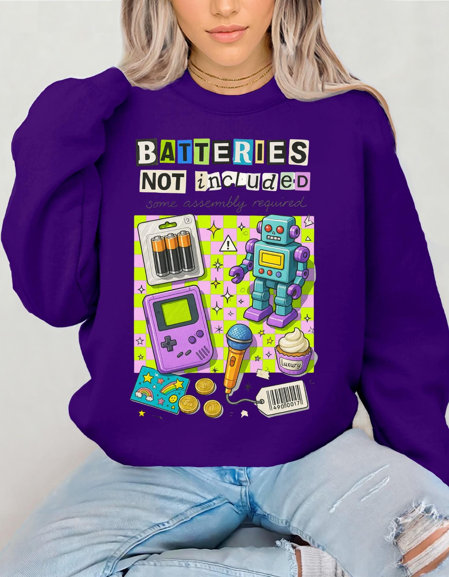 Batteries Not Included Sweatshirt - Y2K Toycore Graphic Crewneck, Retro Robot Gamer Aesthetic Funny Nostalgia Shirt