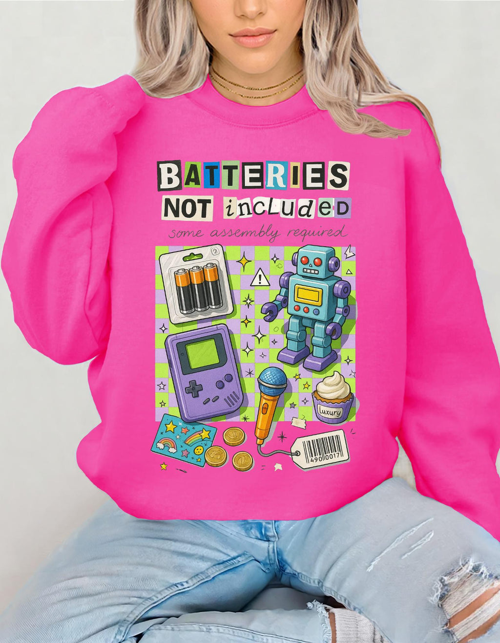 Batteries Not Included Sweatshirt - Y2K Toycore Graphic Crewneck, Retro Robot Gamer Aesthetic Funny Nostalgia Shirt