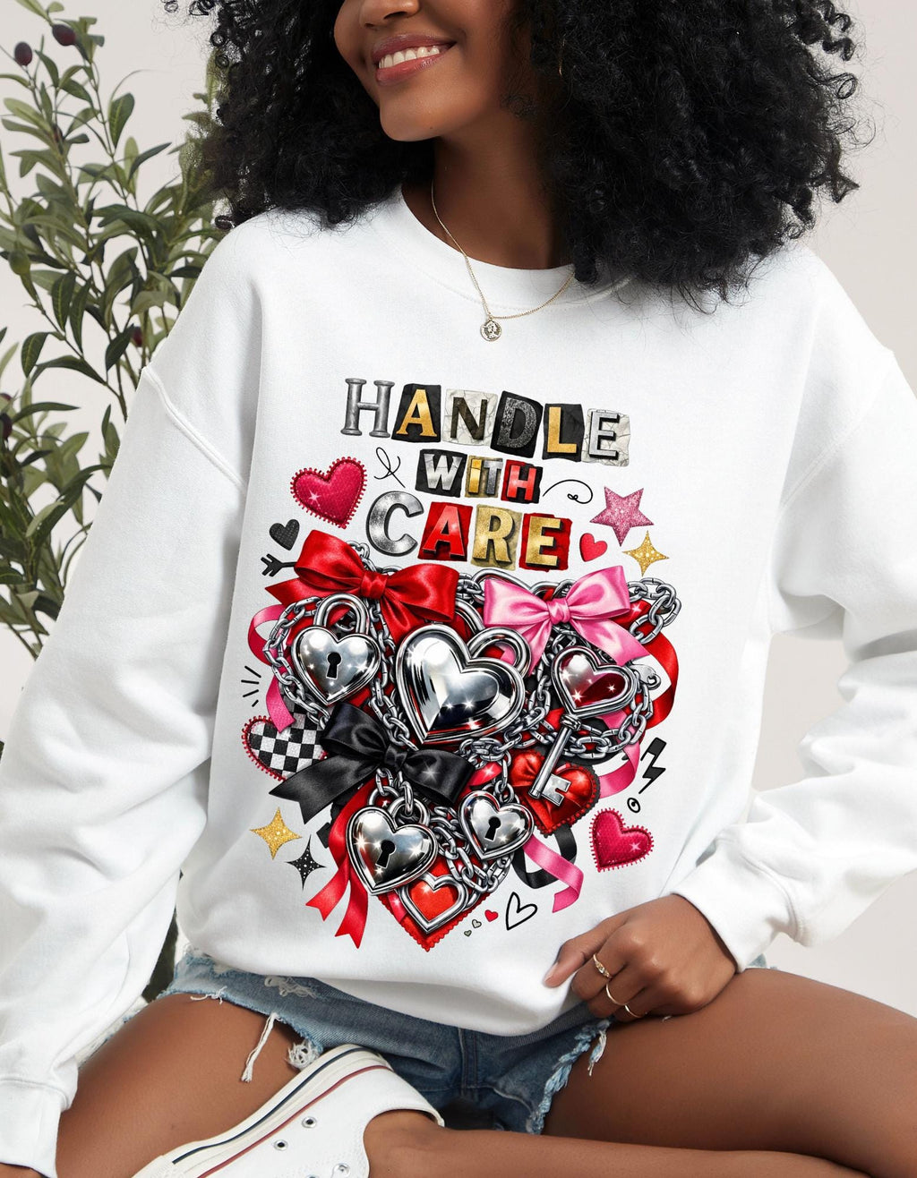 Handle With Care Ransom Note Heart Padlock Valentine's Day Sweatshirt - Funny Anti Valentine Gift Unisex Edgy Love Sweater