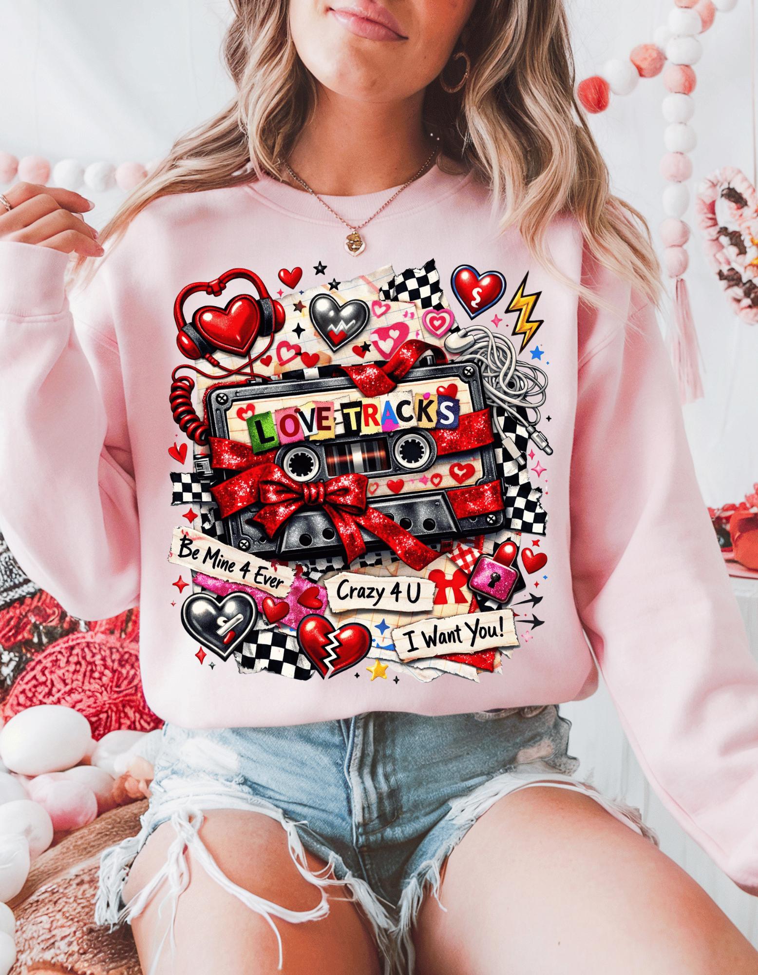 Love Tracks Cassette Collage Crewneck | Retro Mixtape Hearts Graphic Sweatshirt Valentine Gift