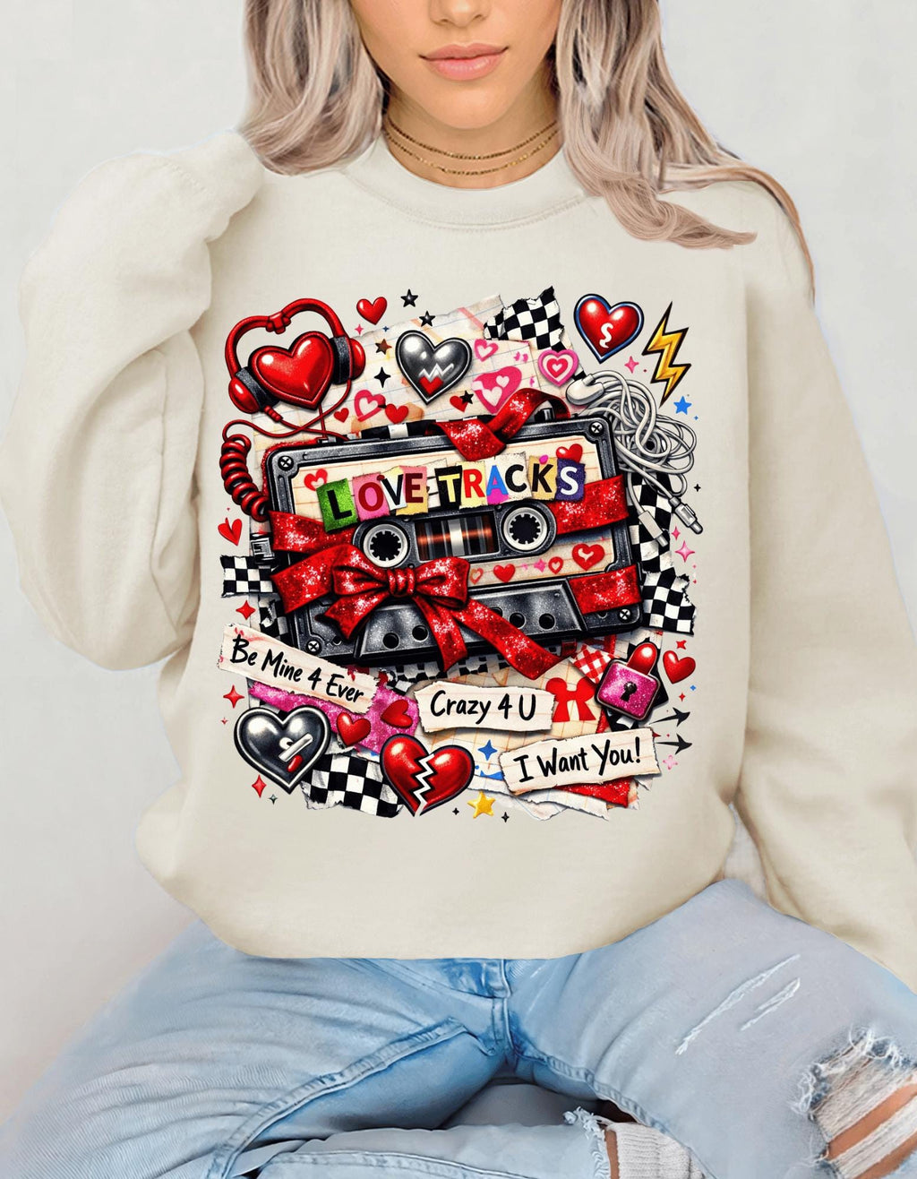 Love Tracks Cassette Collage Crewneck | Retro Mixtape Hearts Graphic Sweatshirt Valentine Gift