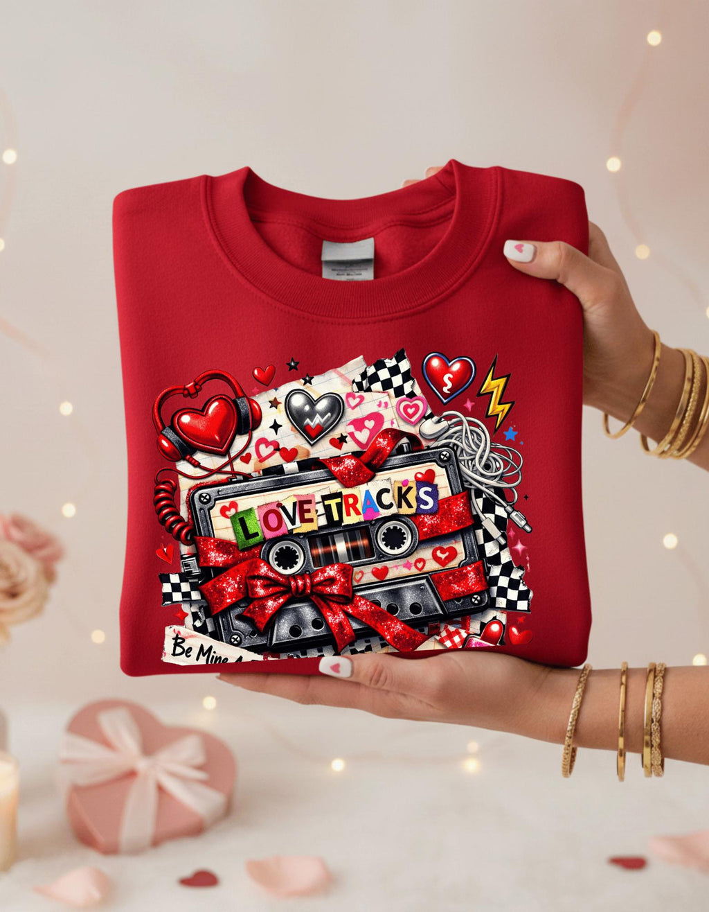 Love Tracks Cassette Collage Crewneck | Retro Mixtape Hearts Graphic Sweatshirt Valentine Gift