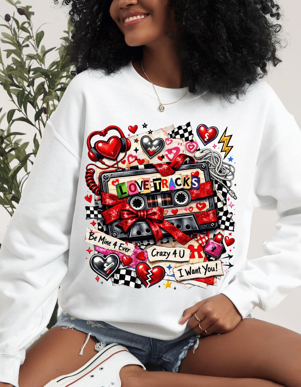 Love Tracks Cassette Collage Crewneck | Retro Mixtape Hearts Graphic Sweatshirt Valentine Gift