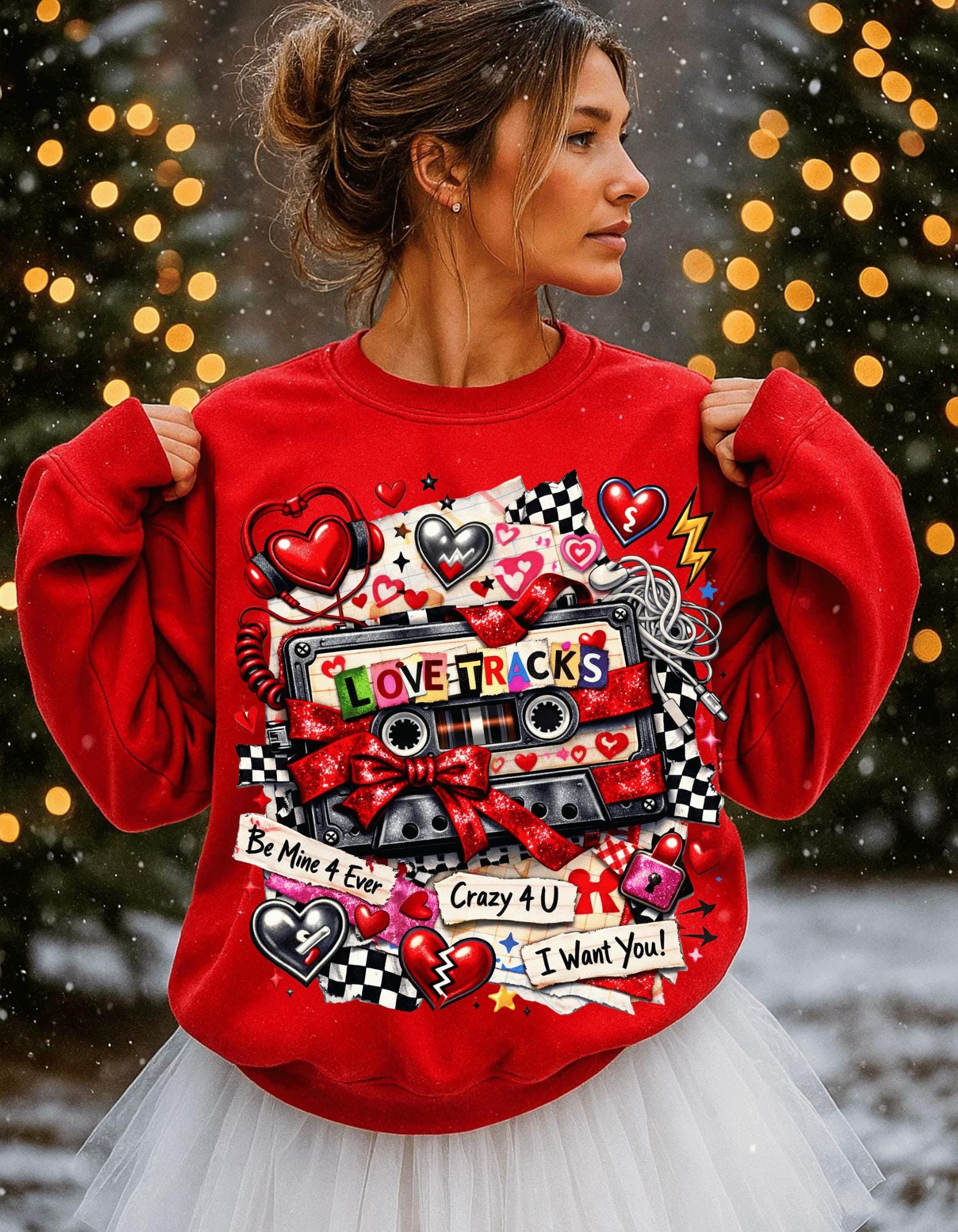 Love Tracks Cassette Collage Crewneck | Retro Mixtape Hearts Graphic Sweatshirt Valentine Gift