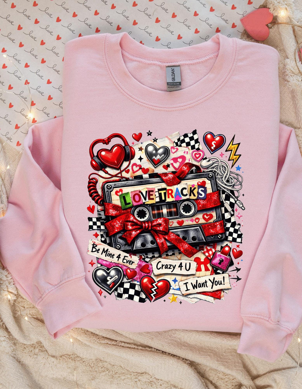 Love Tracks Cassette Collage Crewneck | Retro Mixtape Hearts Graphic Sweatshirt Valentine Gift