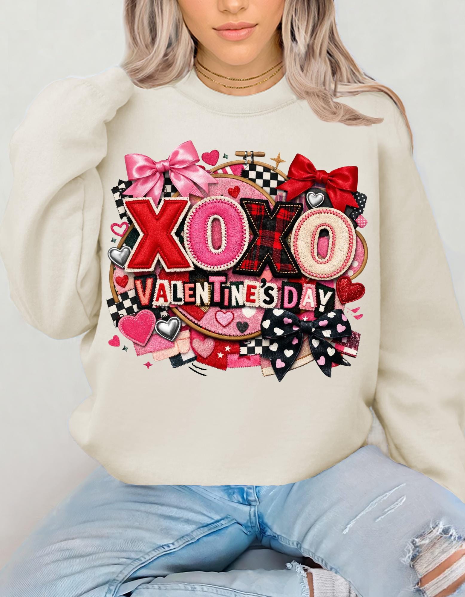 XOXO Ransom Note Valentine's Day Sweatshirt Faux Embroidery Unisex Crewneck Gift