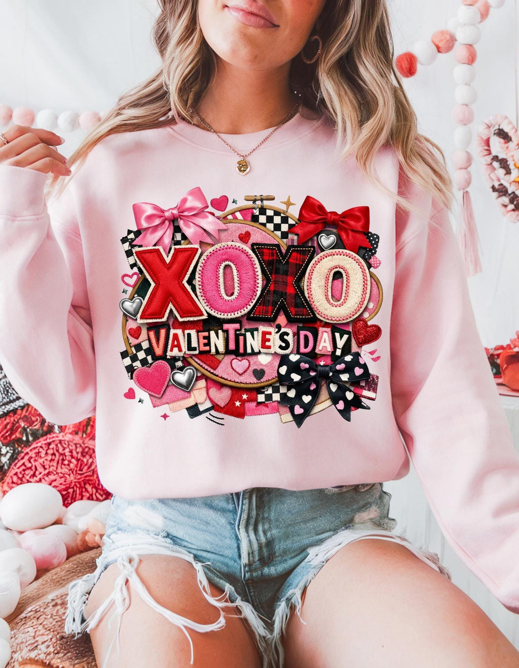 XOXO Ransom Note Valentine's Day Sweatshirt Faux Embroidery Unisex Crewneck Gift