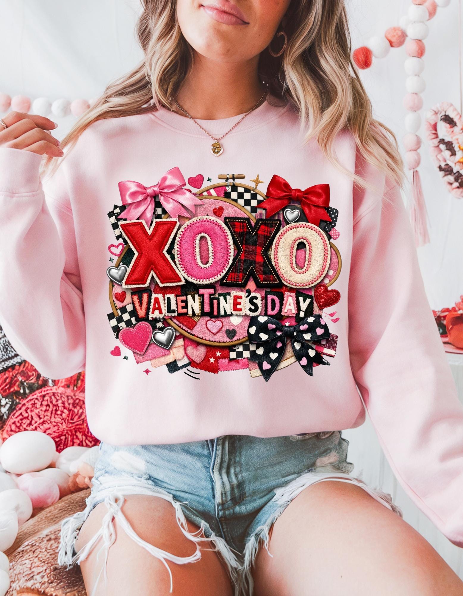 XOXO Ransom Note Valentine's Day Sweatshirt Faux Embroidery Unisex Crewneck Gift