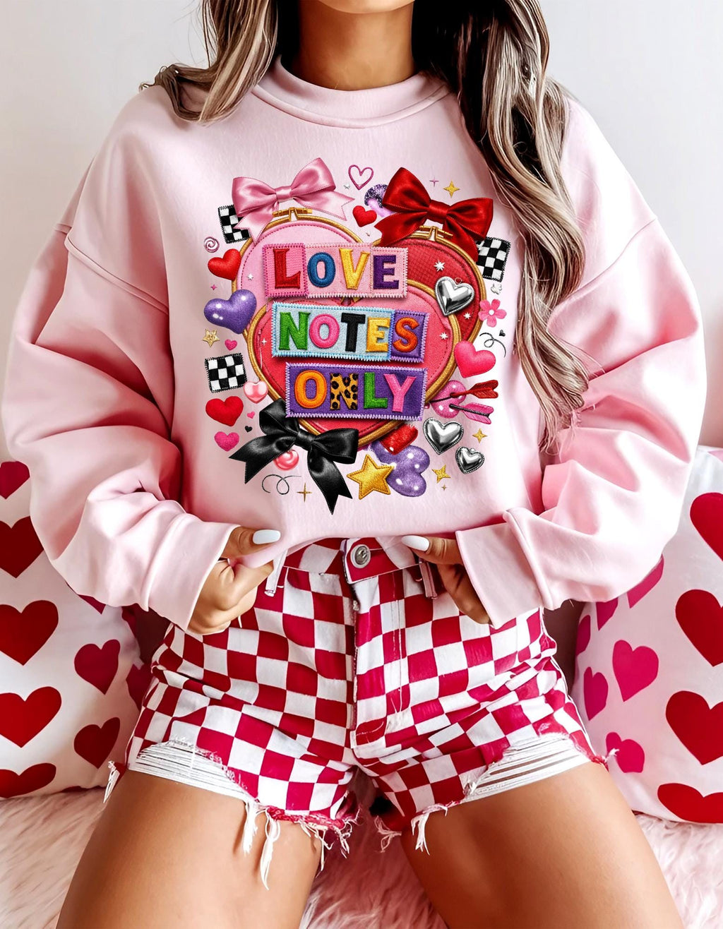Love Notes Only Crewneck Sweatshirt Heart Collage Pink Bow Candy Valentine Kawaii Cute Aesthetic Gift