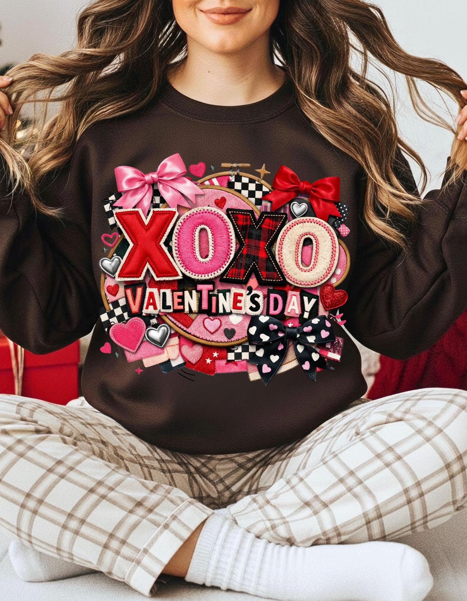 XOXO Ransom Note Valentine's Day Sweatshirt Faux Embroidery Unisex Crewneck Gift