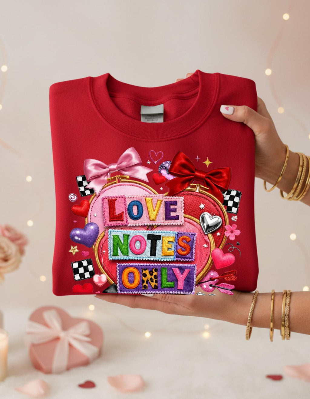 Love Notes Only Crewneck Sweatshirt Heart Collage Pink Bow Candy Valentine Kawaii Cute Aesthetic Gift