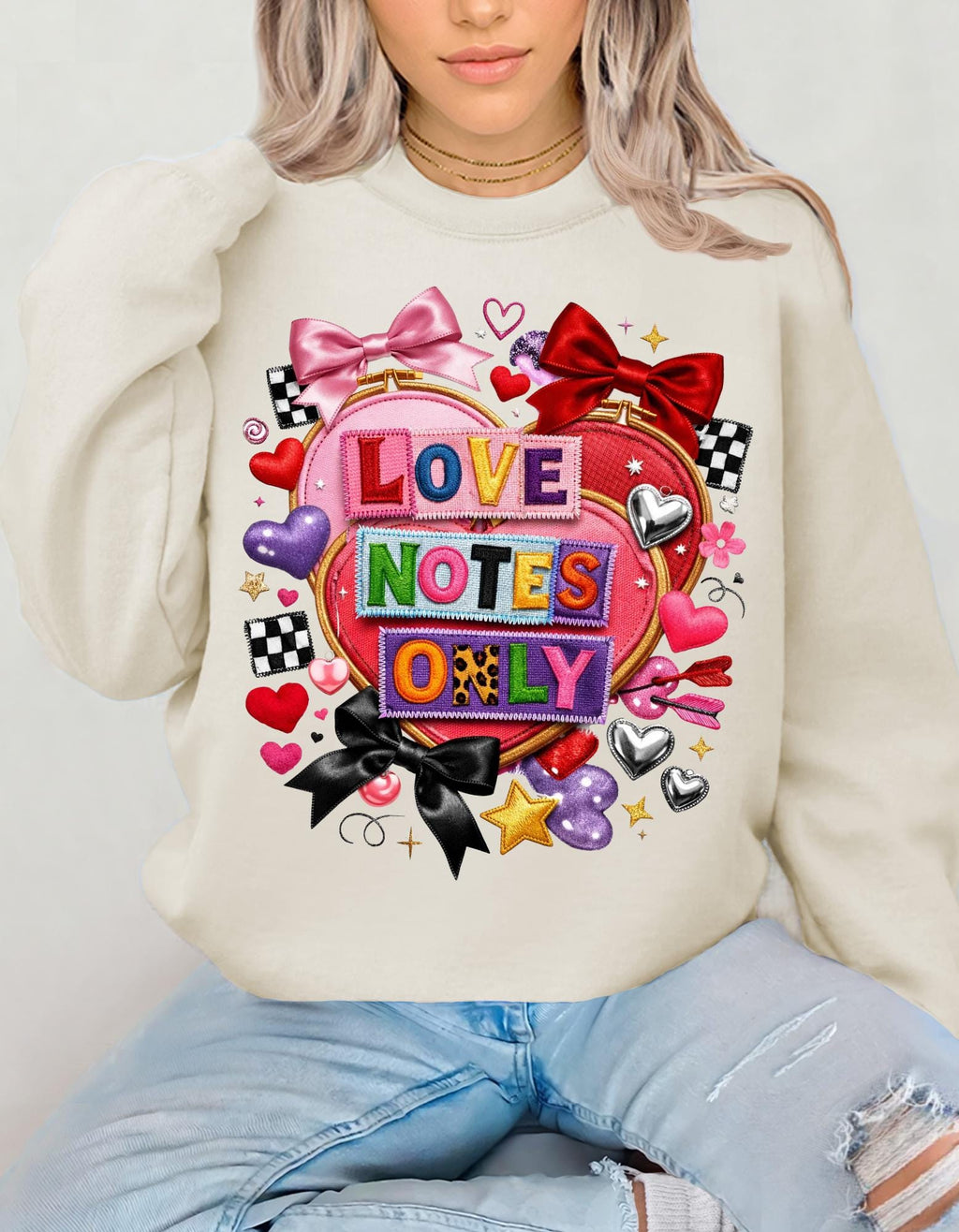 Love Notes Only Crewneck Sweatshirt Heart Collage Pink Bow Candy Valentine Kawaii Cute Aesthetic Gift