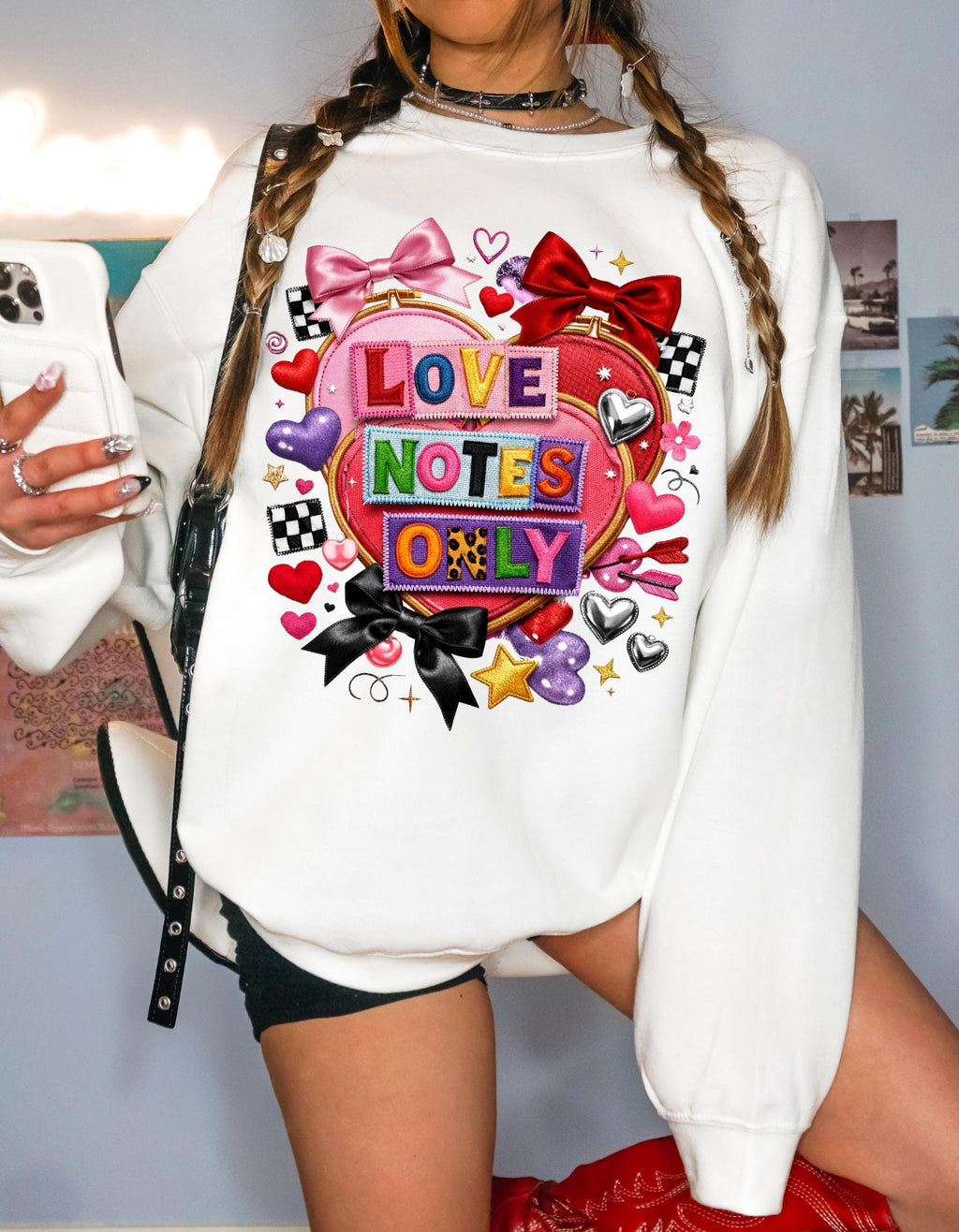 Love Notes Only Crewneck Sweatshirt Heart Collage Pink Bow Candy Valentine Kawaii Cute Aesthetic Gift