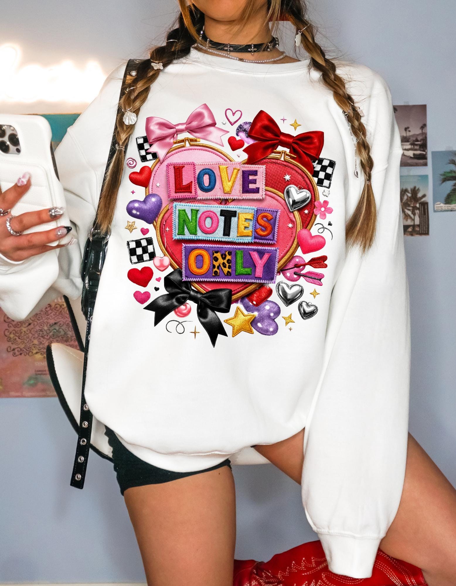 Love Notes Only Crewneck Sweatshirt Heart Collage Pink Bow Candy Valentine Kawaii Cute Aesthetic Gift