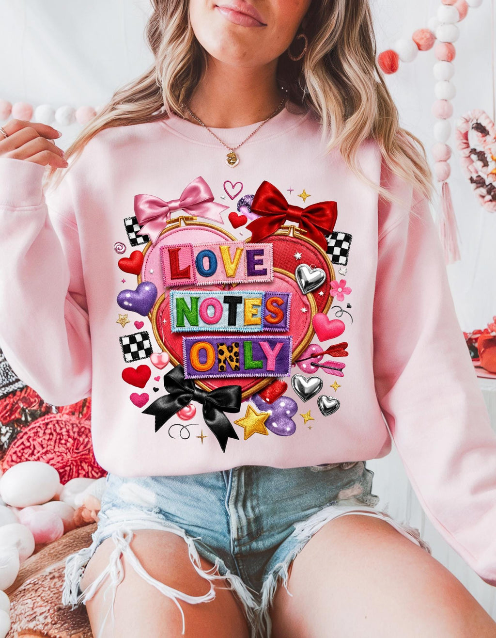 Love Notes Only Crewneck Sweatshirt Heart Collage Pink Bow Candy Valentine Kawaii Cute Aesthetic Gift