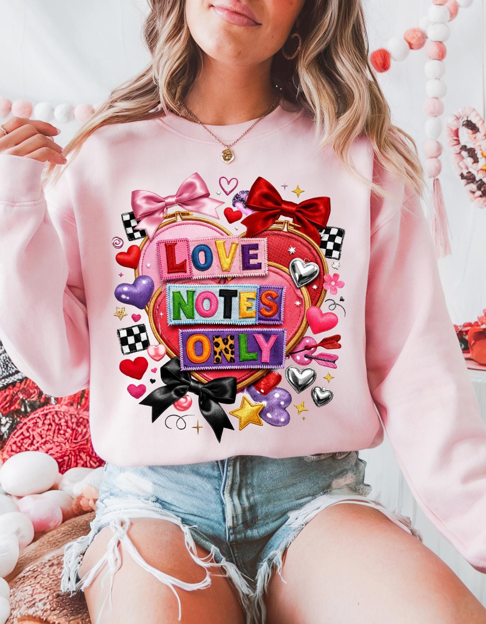 Love Notes Only Crewneck Sweatshirt Heart Collage Pink Bow Candy Valentine Kawaii Cute Aesthetic Gift
