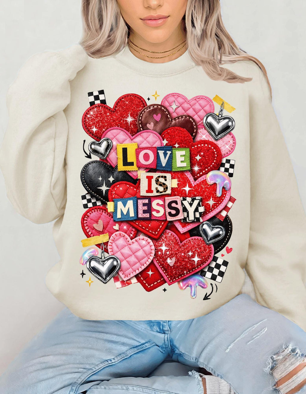 Love Is Messy Heart Collage Sweatshirt Valentine Romantic Graphic Crewneck Unisex Cozy Gift
