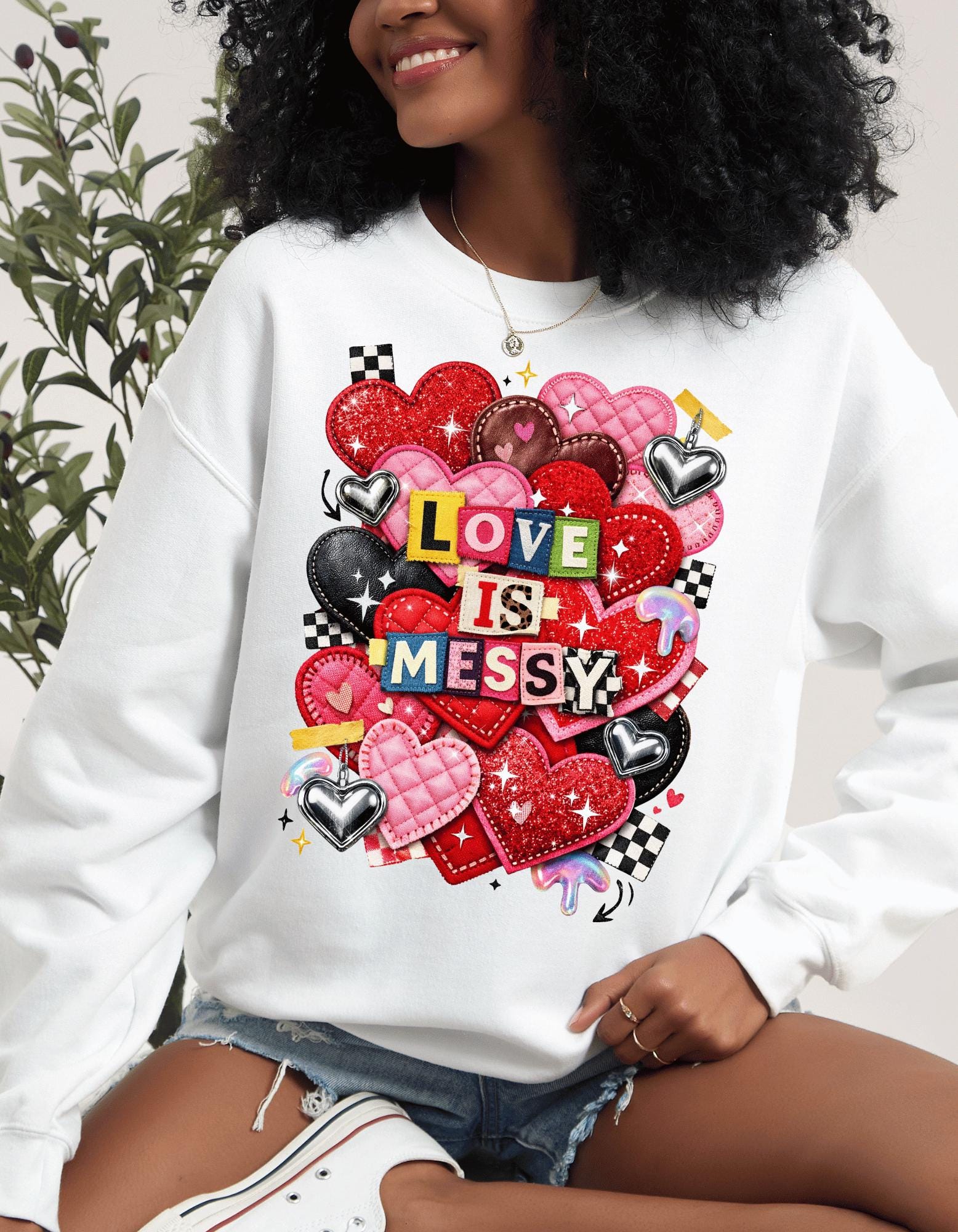 Love Is Messy Heart Collage Sweatshirt Valentine Romantic Graphic Crewneck Unisex Cozy Gift