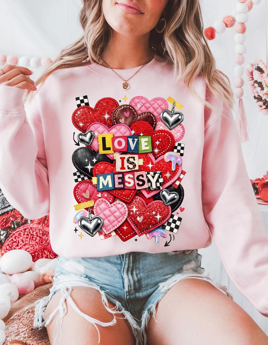 Love Is Messy Heart Collage Sweatshirt Valentine Romantic Graphic Crewneck Unisex Cozy Gift