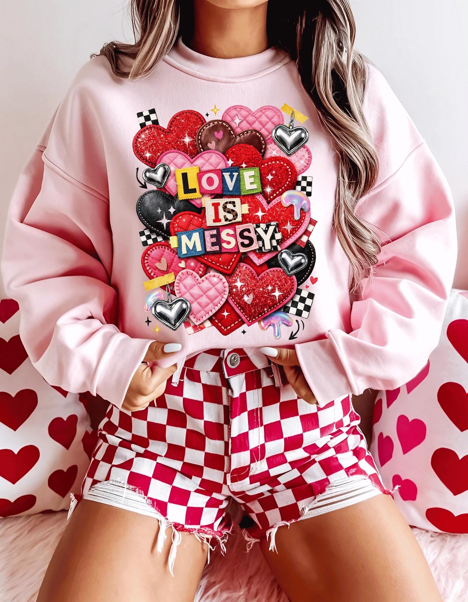 Love Is Messy Heart Collage Sweatshirt Valentine Romantic Graphic Crewneck Unisex Cozy Gift