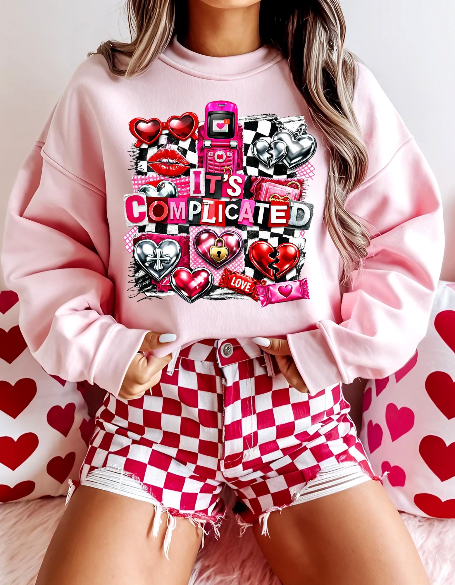 It's Complicated Collage Graphic Sweatshirt | Retro Hearts Flip Phone Love Icons Valentine Crewneck Sweater