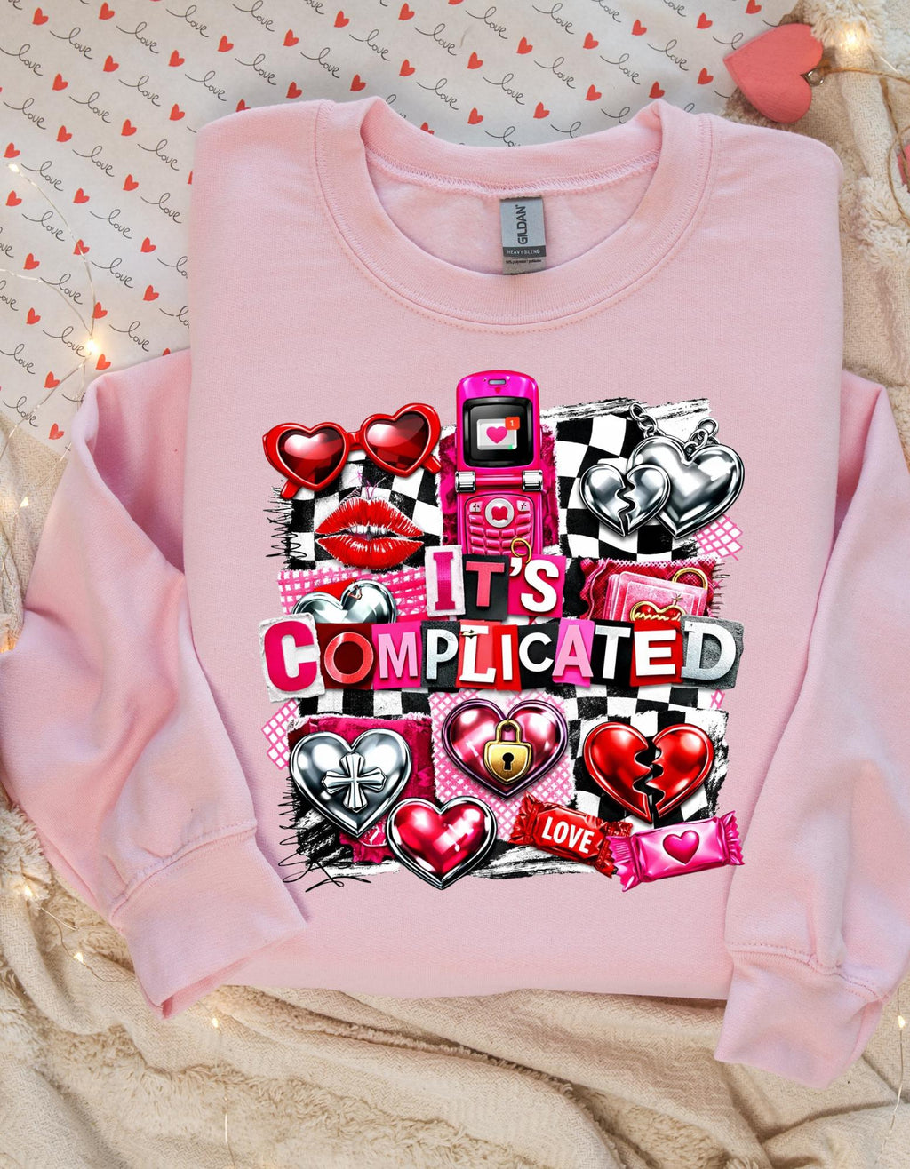 It's Complicated Collage Graphic Sweatshirt | Retro Hearts Flip Phone Love Icons Valentine Crewneck Sweater