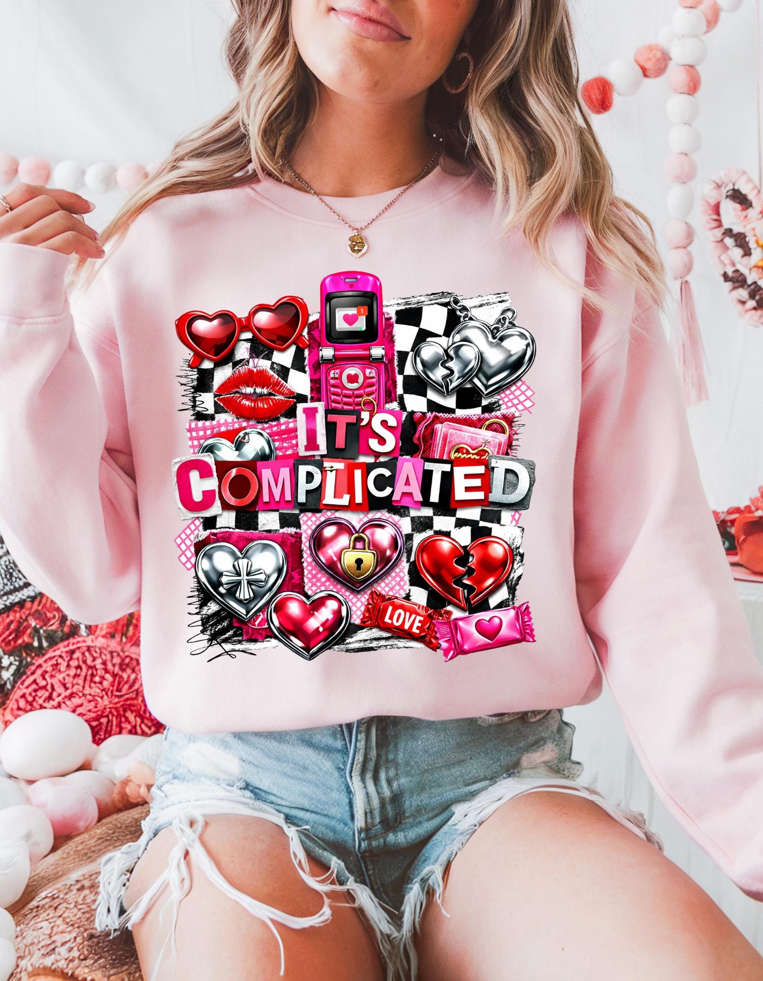 It's Complicated Collage Graphic Sweatshirt | Retro Hearts Flip Phone Love Icons Valentine Crewneck Sweater