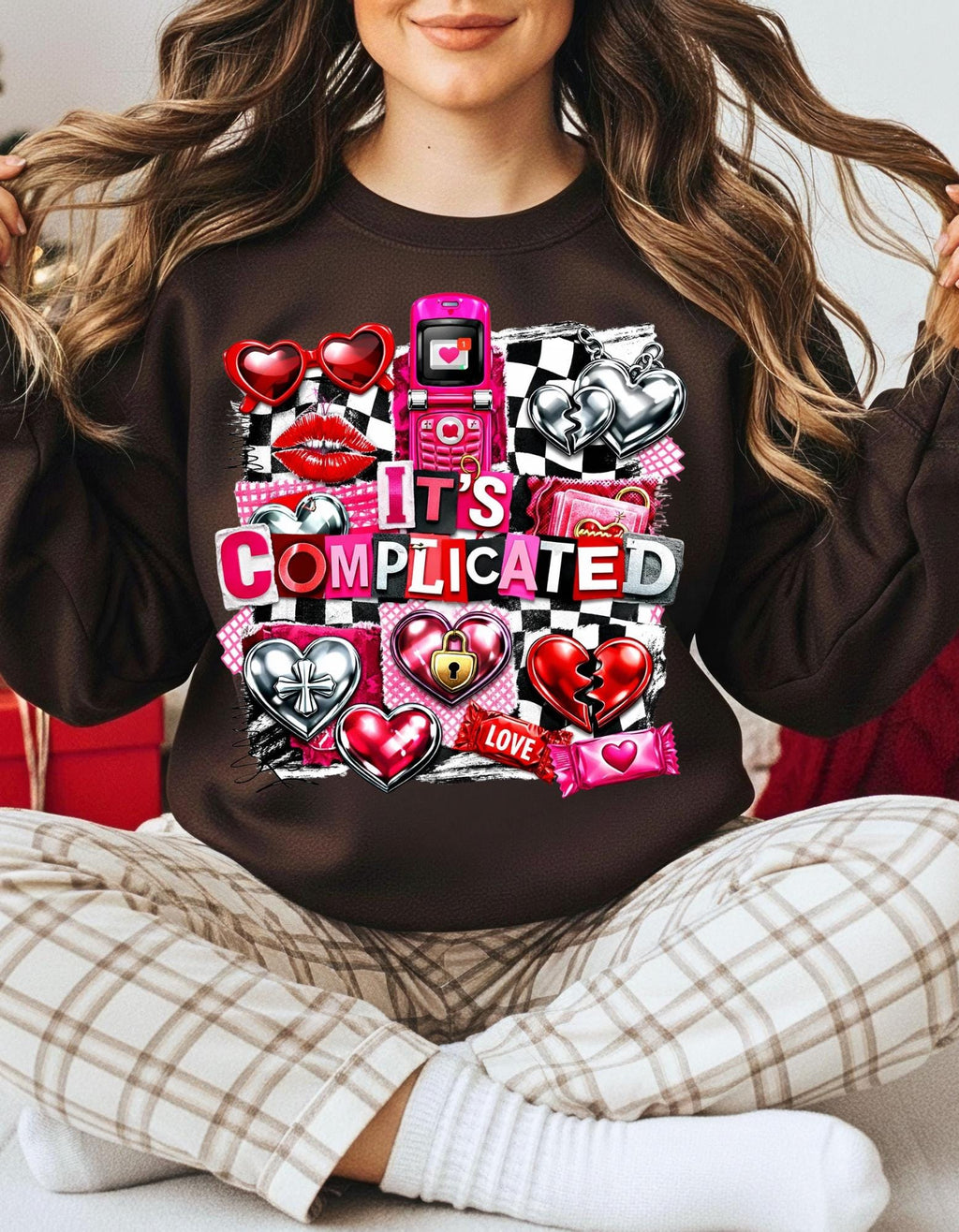 It's Complicated Collage Graphic Sweatshirt | Retro Hearts Flip Phone Love Icons Valentine Crewneck Sweater