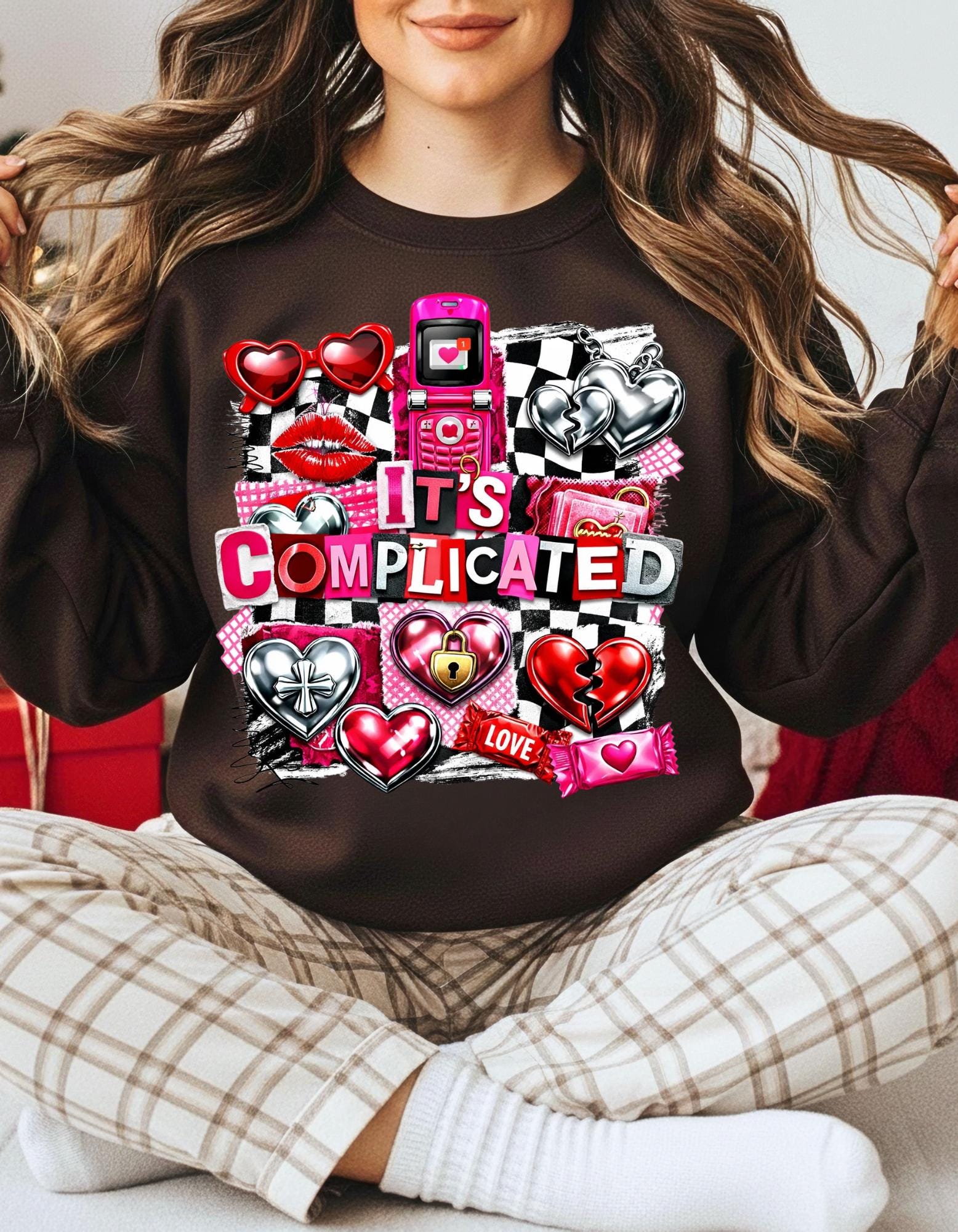 It's Complicated Collage Graphic Sweatshirt | Retro Hearts Flip Phone Love Icons Valentine Crewneck Sweater