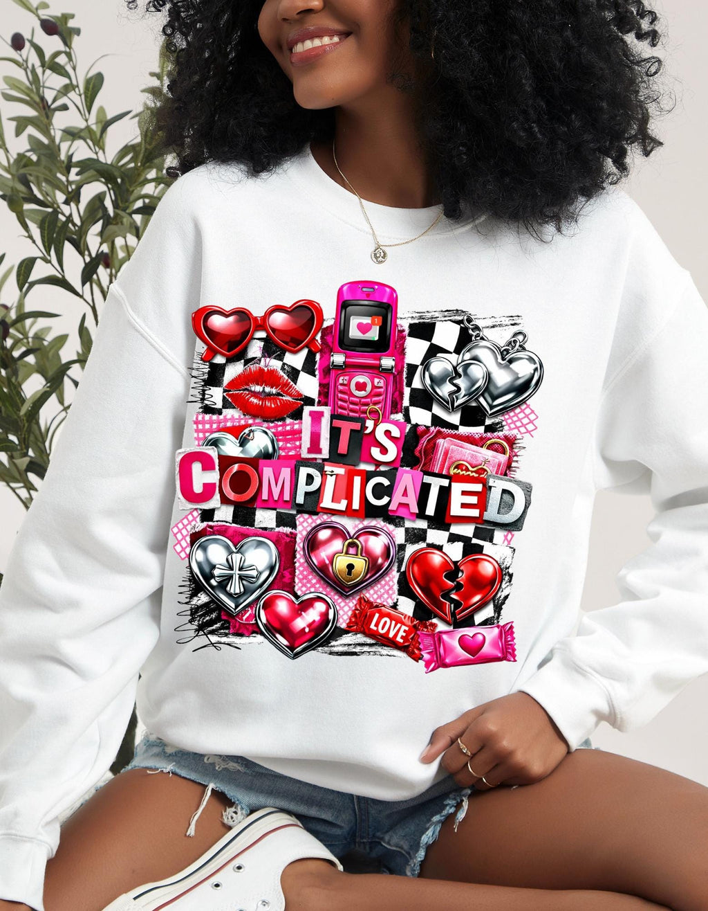 It's Complicated Collage Graphic Sweatshirt | Retro Hearts Flip Phone Love Icons Valentine Crewneck Sweater