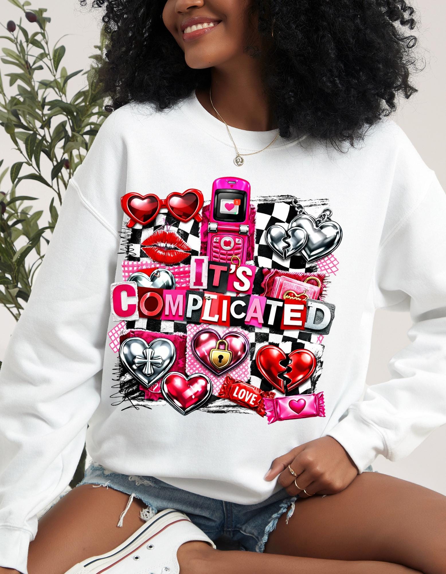 It's Complicated Collage Graphic Sweatshirt | Retro Hearts Flip Phone Love Icons Valentine Crewneck Sweater