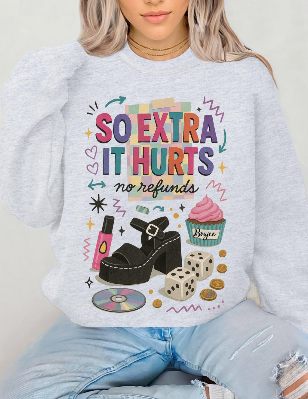 So Extra It Hurts graphic sweatshirt | retro makeup cupcake stickers design