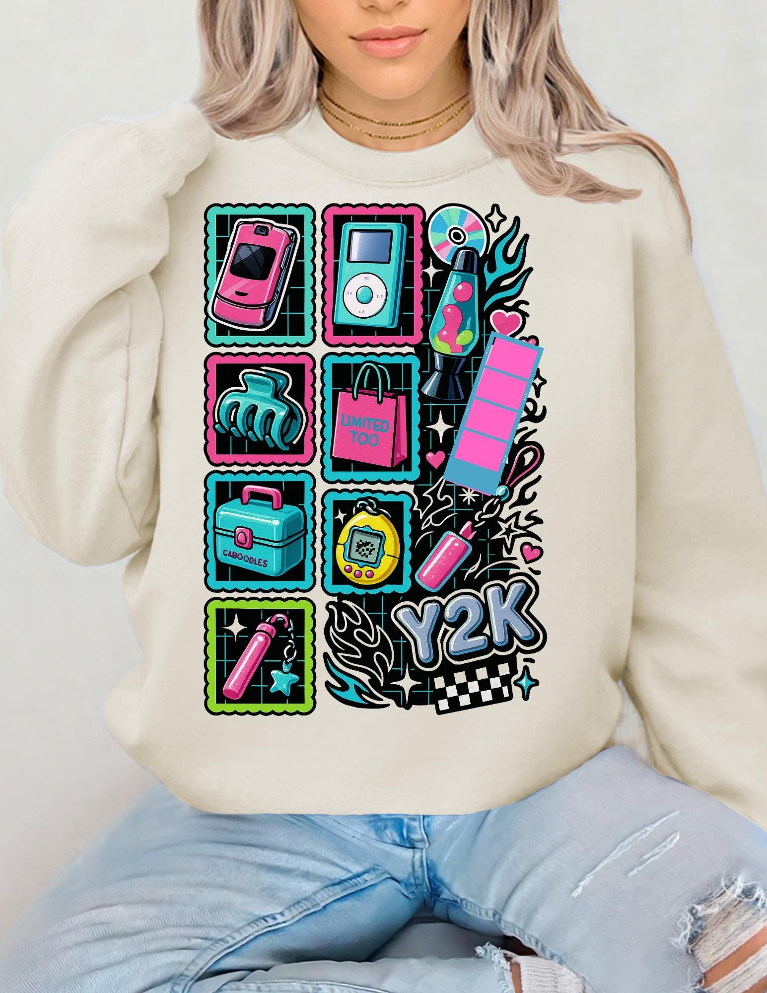 Y2K Tech Icons Crewneck Sweatshirt | Retro 2000s Graphic