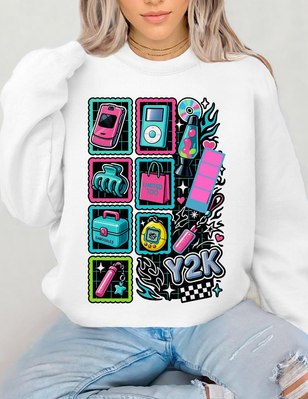 Y2K Tech Icons Crewneck Sweatshirt | Retro 2000s Graphic