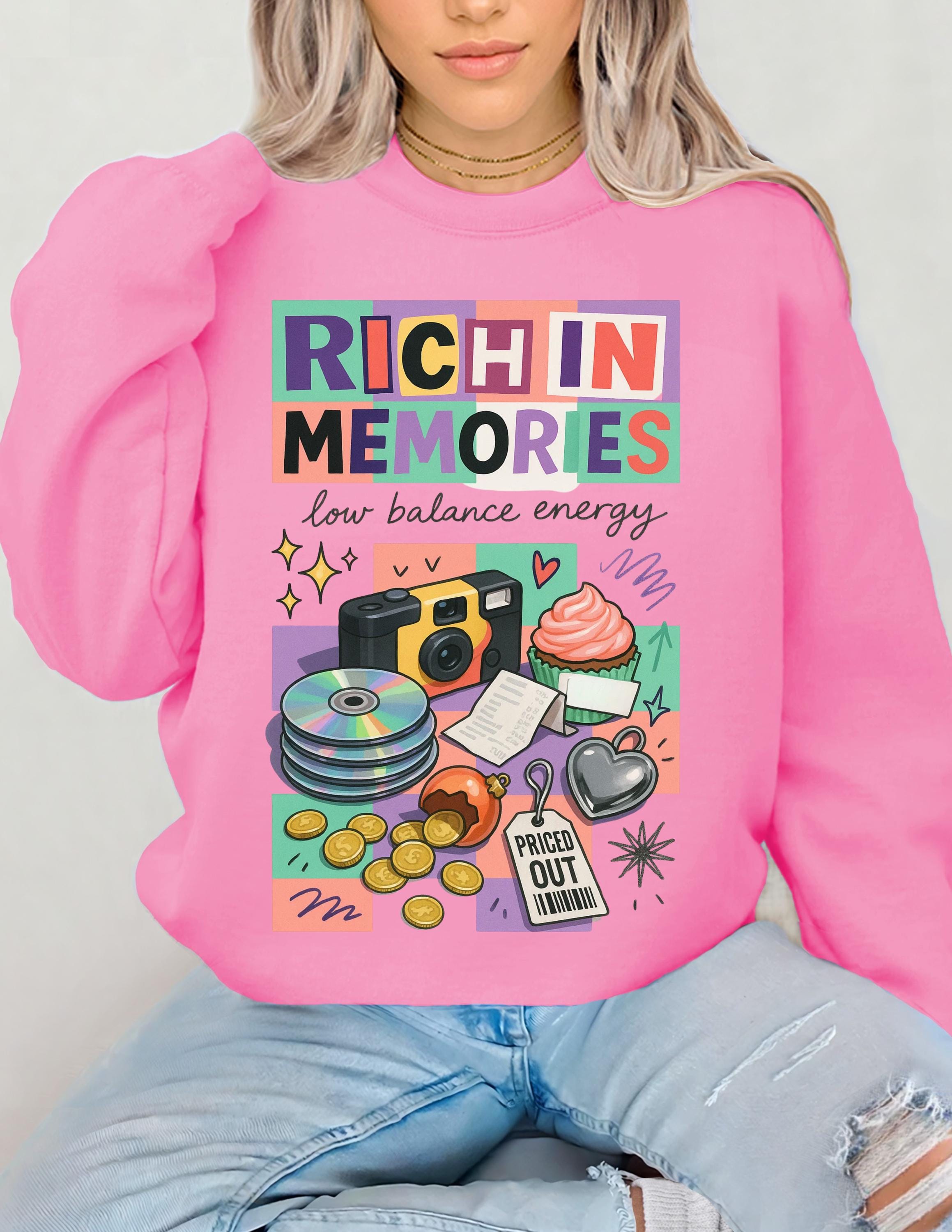 Rich in Memories camera collage Sweatshirt | retro cassette, donuts, low balance energy