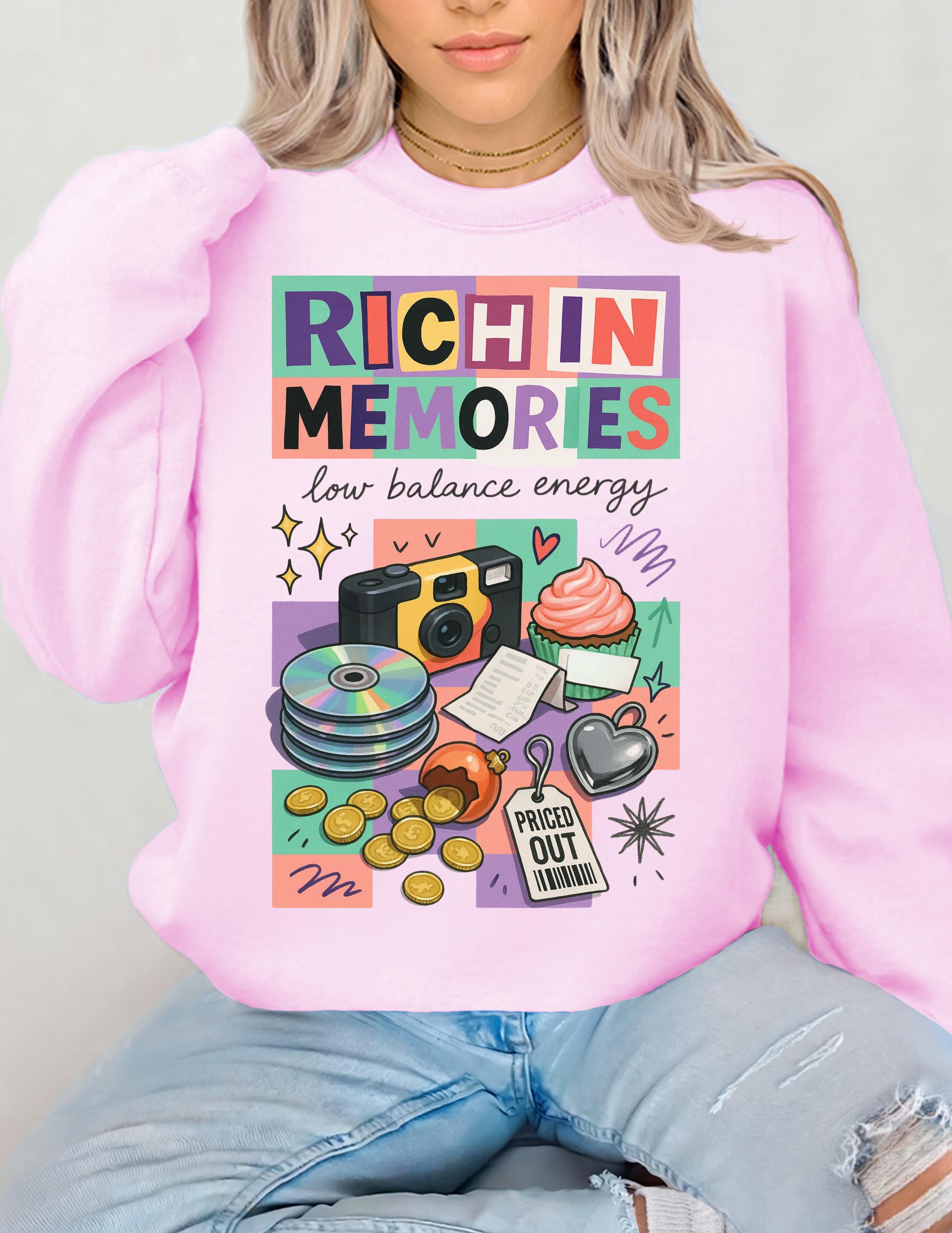 Rich in Memories camera collage Sweatshirt | retro cassette, donuts, low balance energy