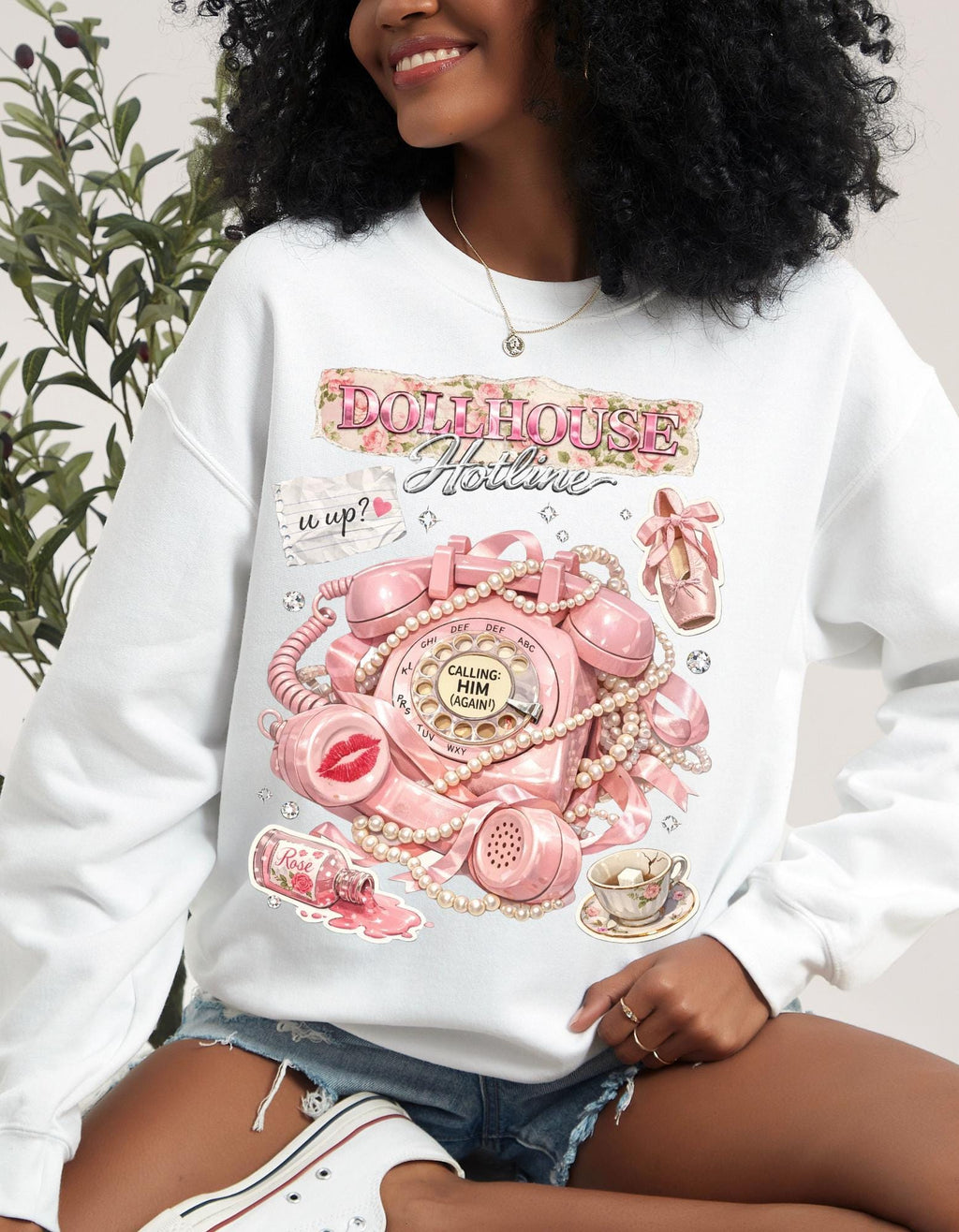 Dollhouse Hotline Vintage Pink Telephone Illustration Sweatshirt Retro Kitsch Phone Art Crewneck Aesthetic Cute Gift