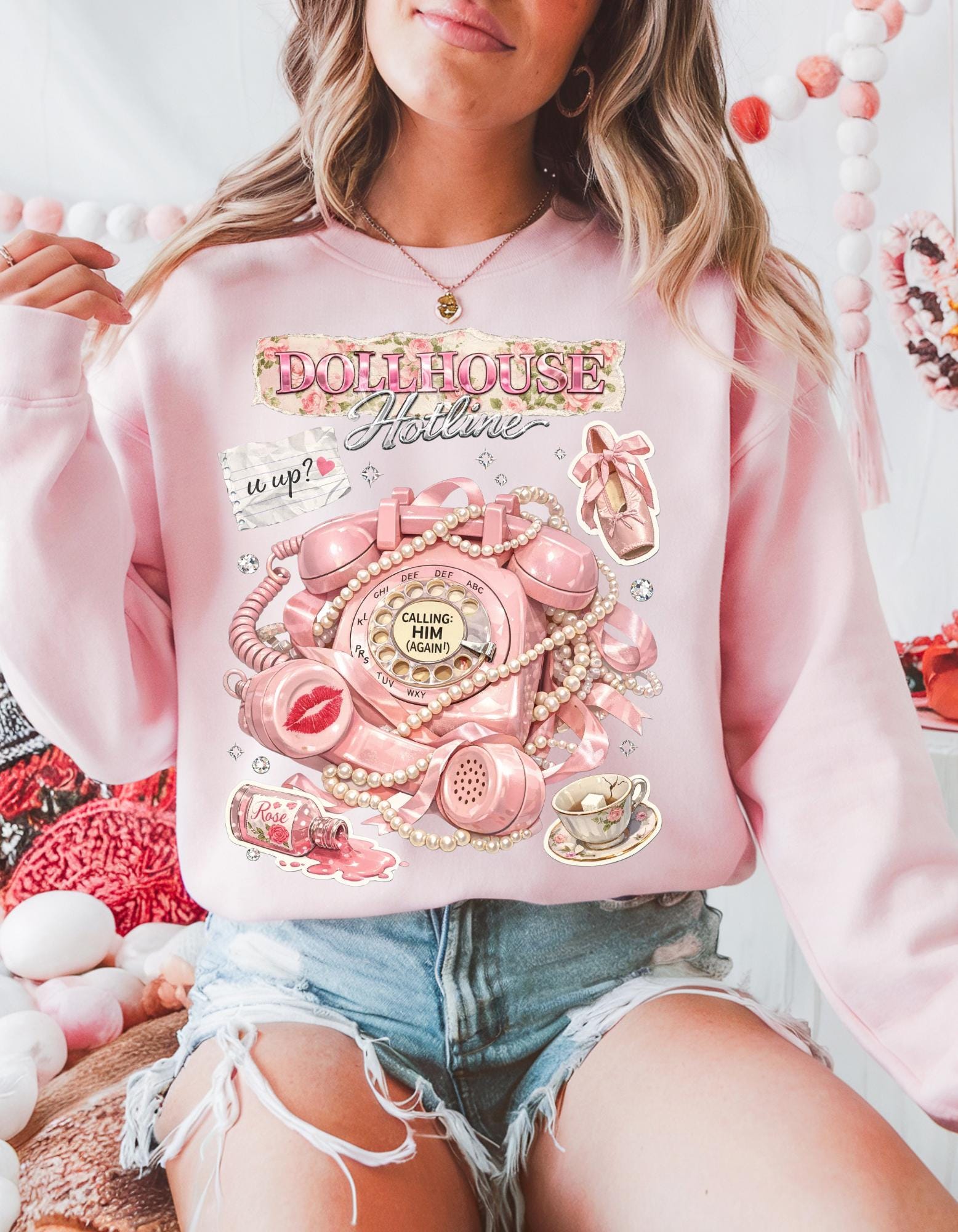 Dollhouse Hotline Vintage Pink Telephone Illustration Sweatshirt Retro Kitsch Phone Art Crewneck Aesthetic Cute Gift
