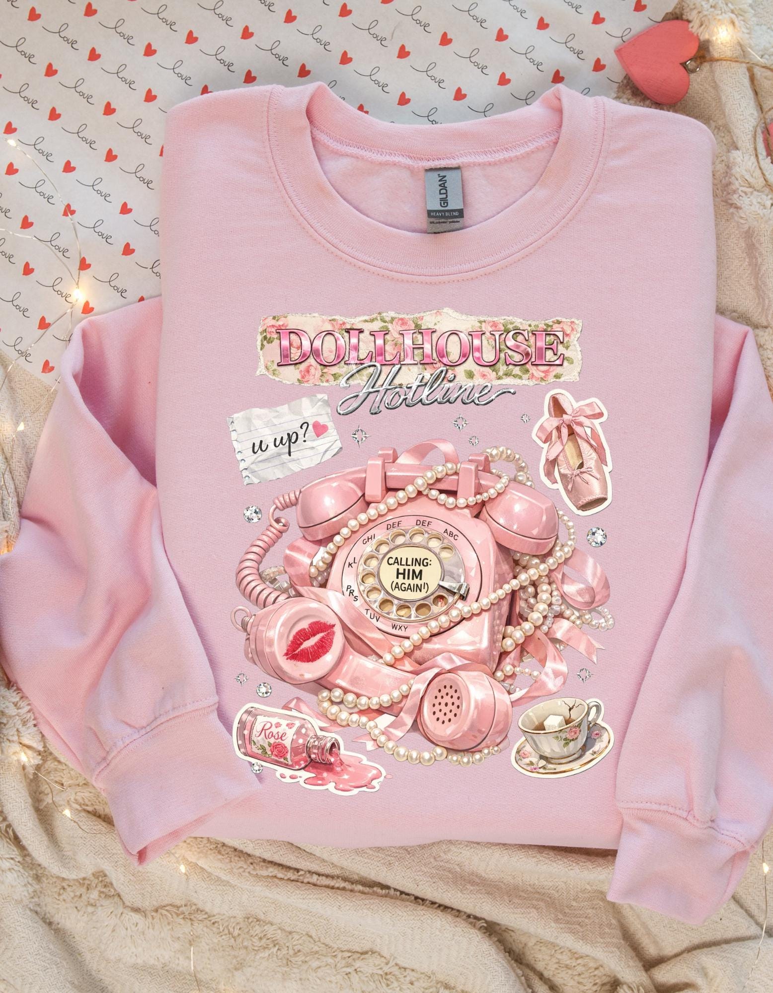 Dollhouse Hotline Vintage Pink Telephone Illustration Sweatshirt Retro Kitsch Phone Art Crewneck Aesthetic Cute Gift