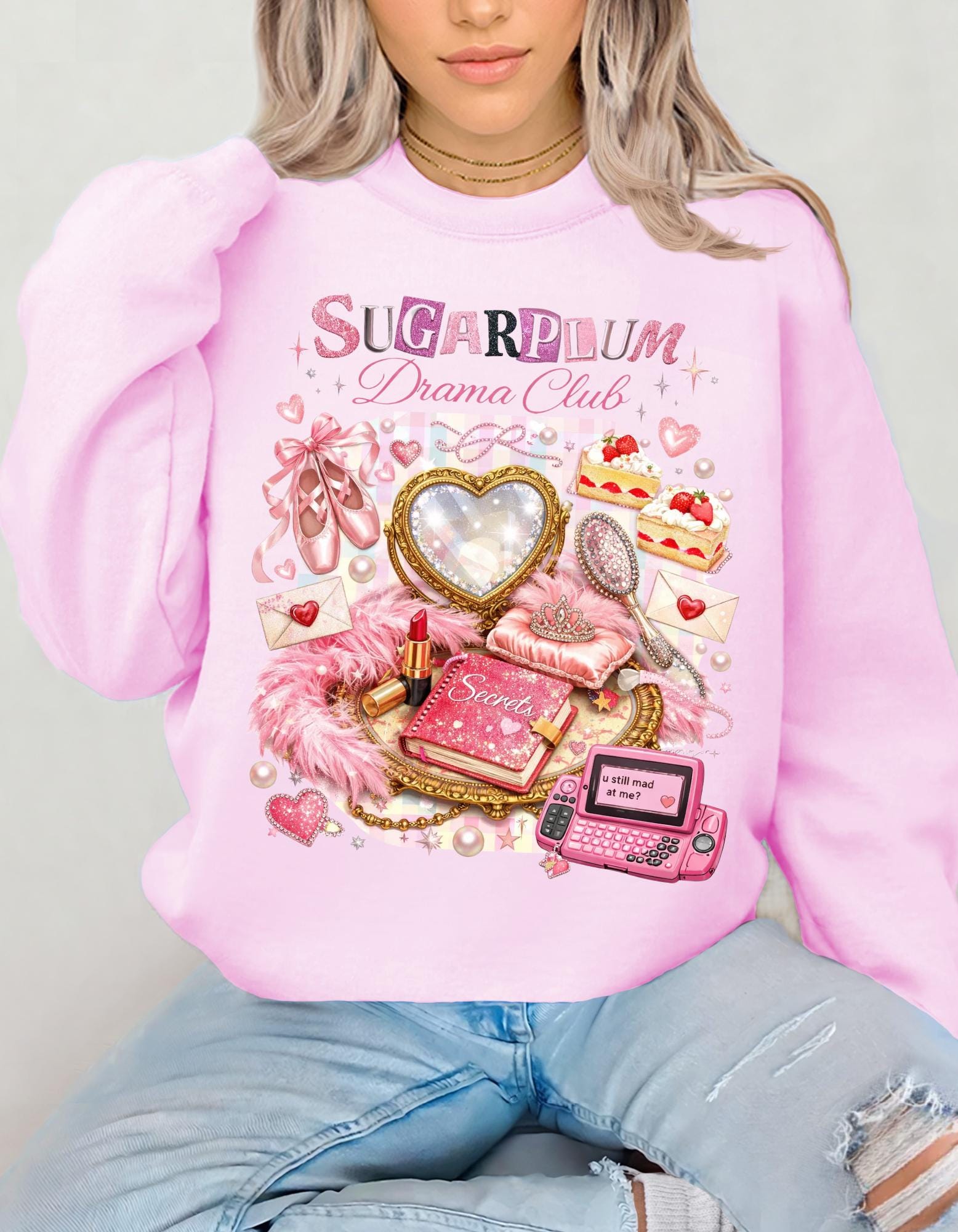 Sugarplum Pastries Sweatshirt Pink Dessert Heart Cookie Retro Cassette Crewneck Cute Aesthetic Valentine Gift
