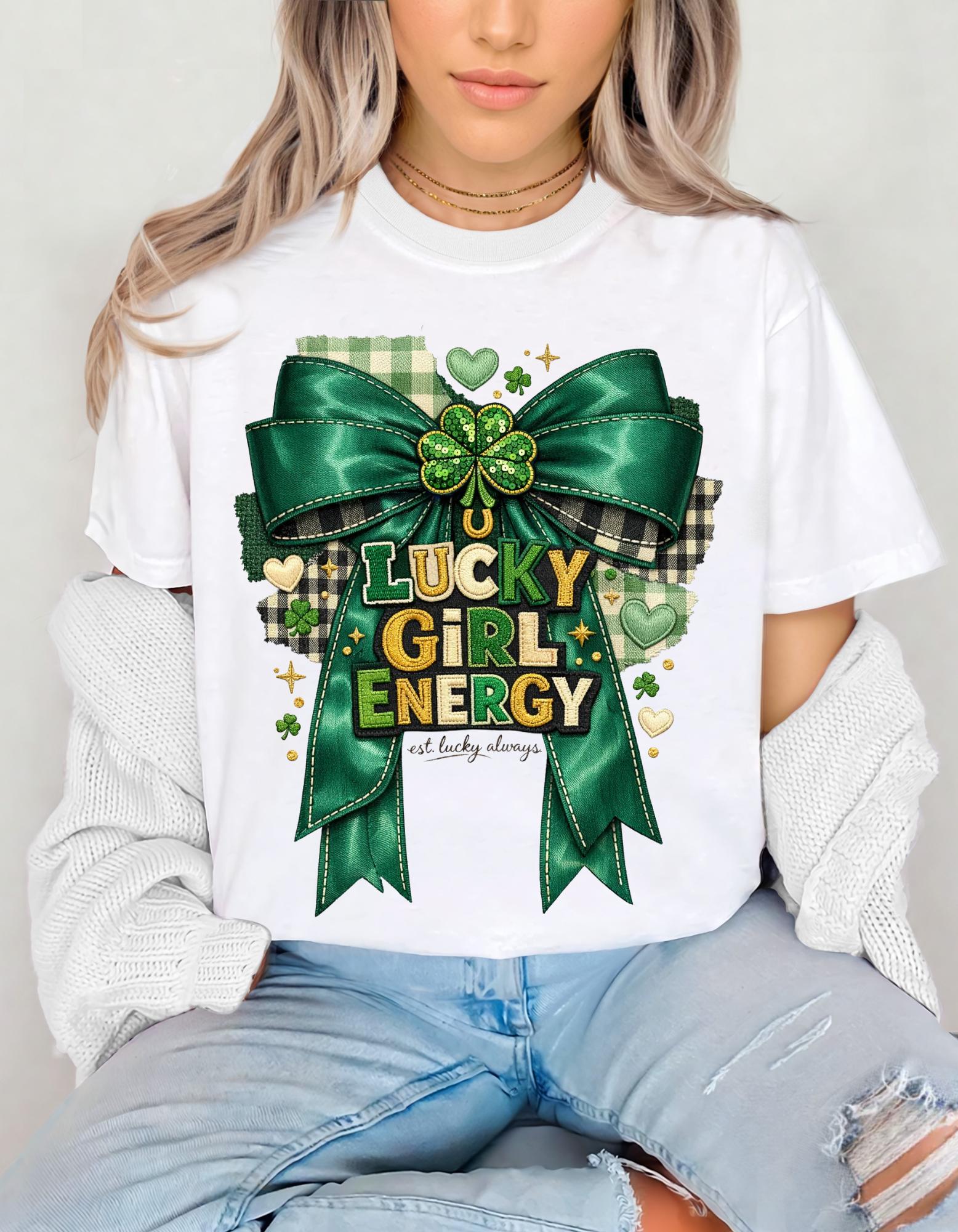 Lucky Girl Energy T-Shirt | St. Patrick's Day Shamrock Ribbon Tee Irish Holiday Green Top