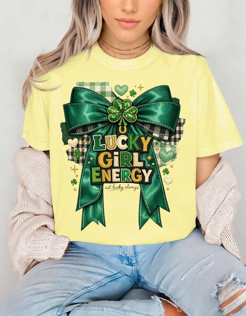 Lucky Girl Energy T-Shirt | St. Patrick's Day Shamrock Ribbon Tee Irish Holiday Green Top