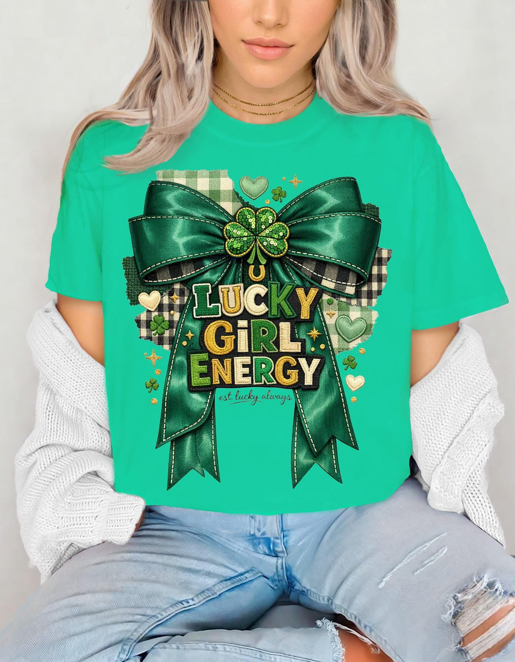 Lucky Girl Energy T-Shirt | St. Patrick's Day Shamrock Ribbon Tee Irish Holiday Green Top