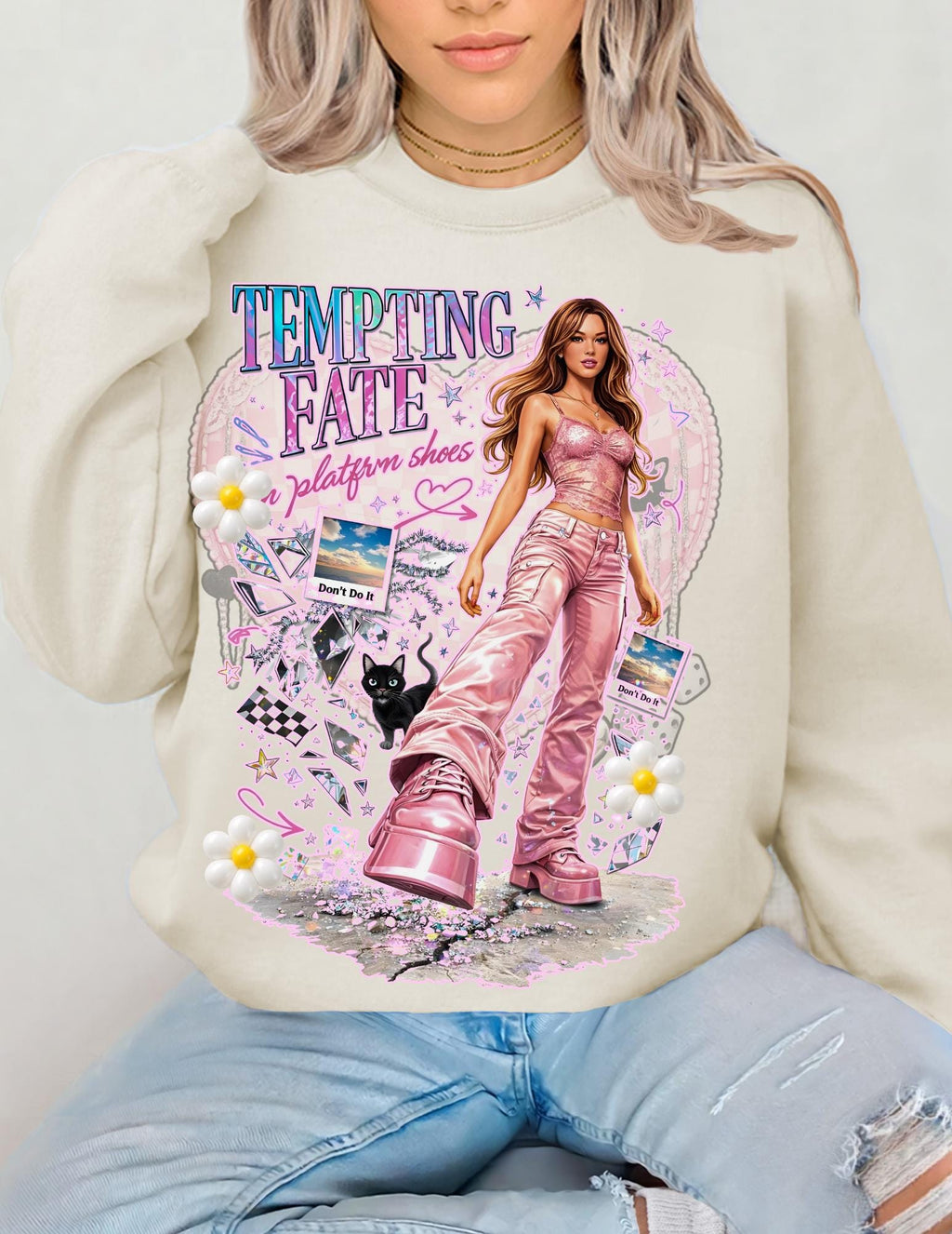 Y2K Pop Girl Platform Shoes Tempting Fate Crewneck Sweatshirt Retro Alt Streetwear